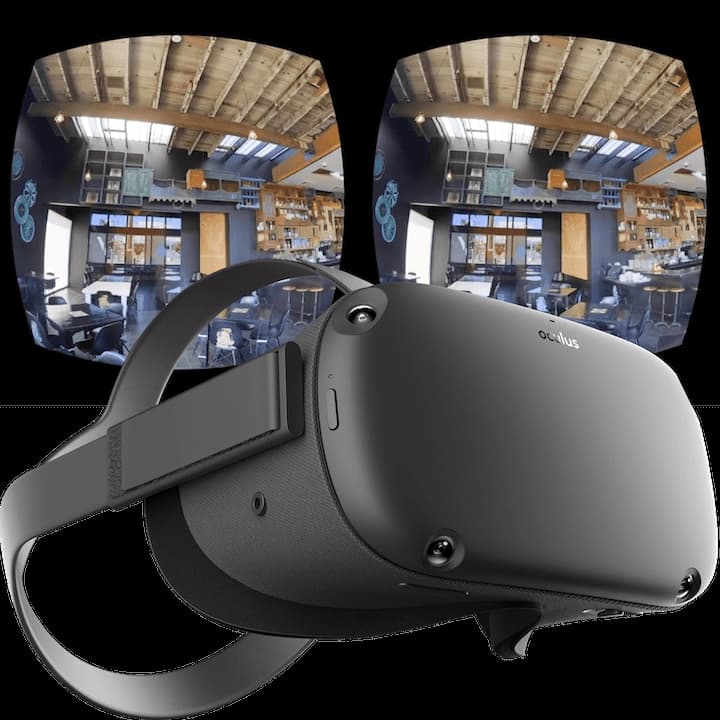 Virtual Reality goggles with a picture of the inside of a house